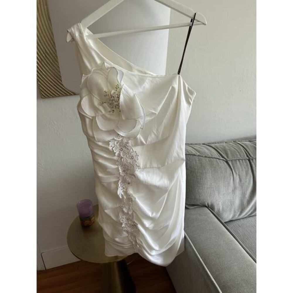 Vtg Y2K Embellished Draped Mini Dress 8 White One Shoulder Femenine Party